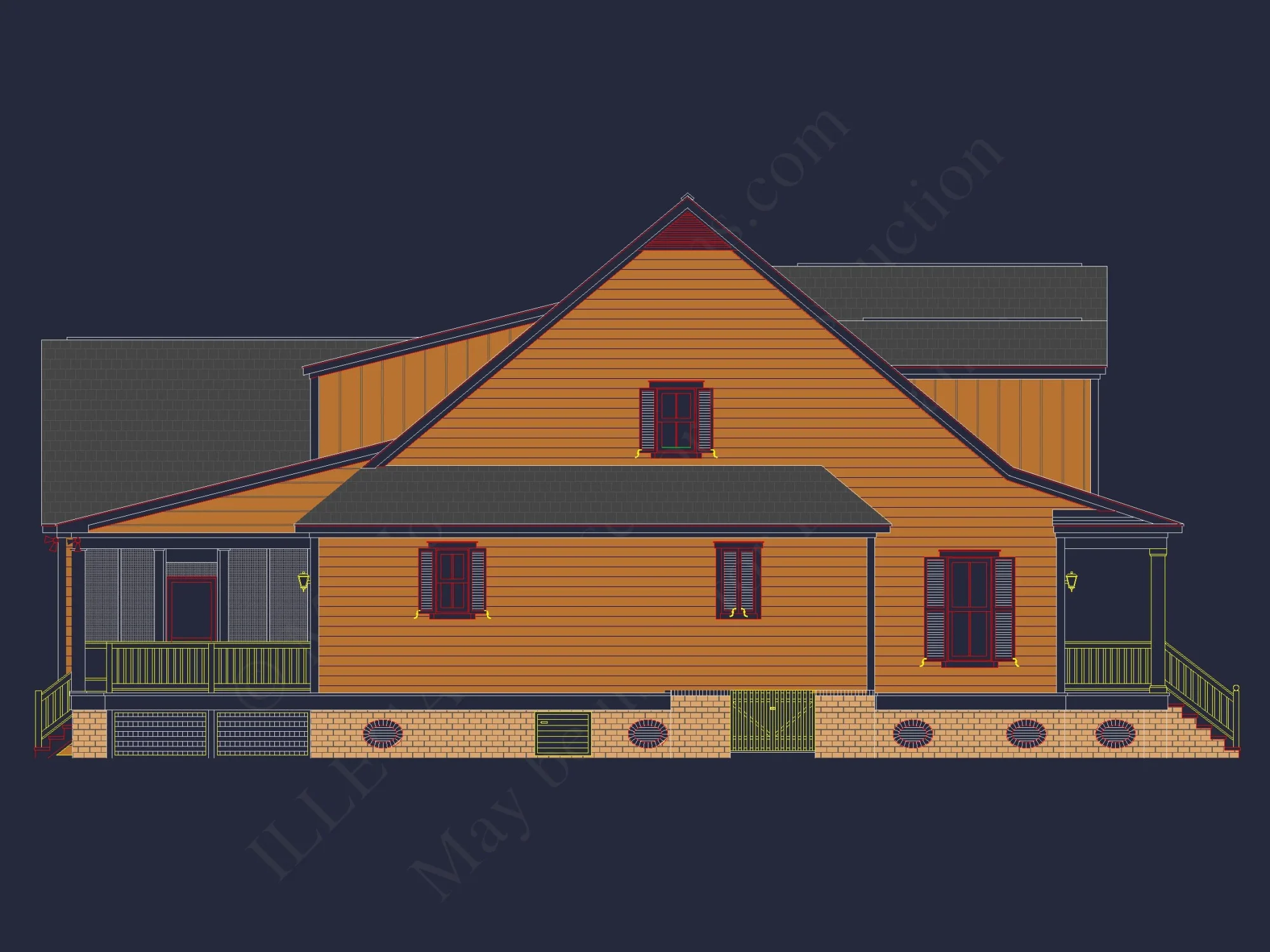 "Two-story elegant colonial-style house with detailed CAD designs"