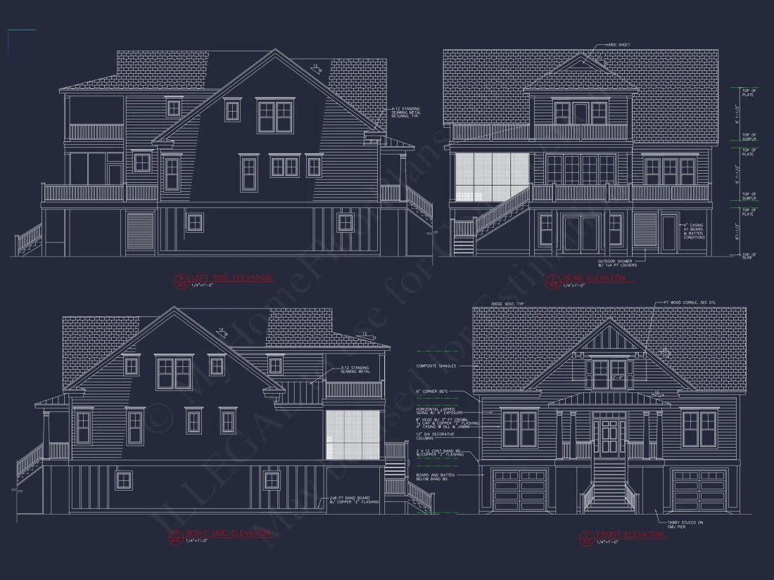 Coastal house Plan: 3-Story, 4-Bedroom, Floor Plan Blueprint