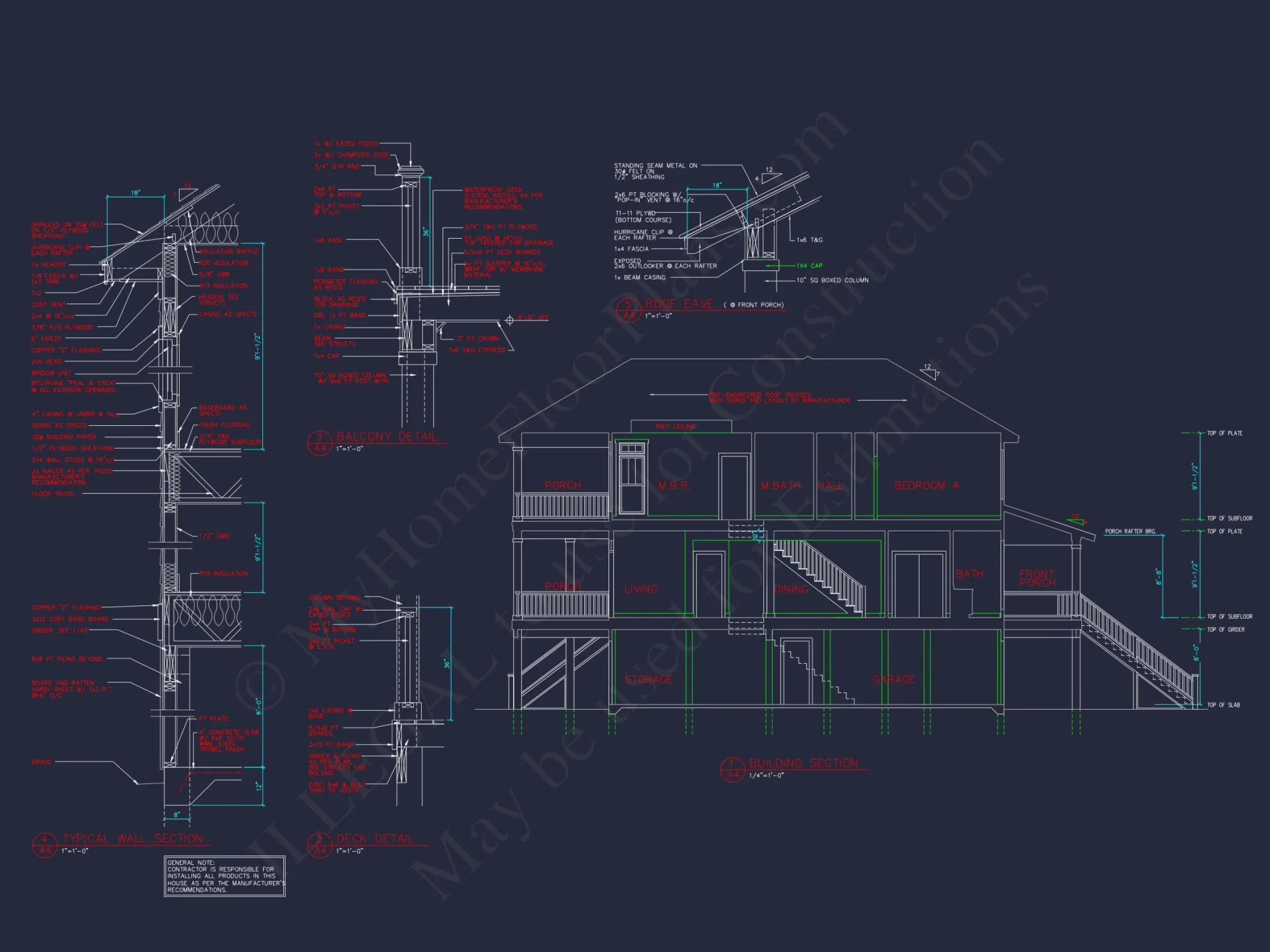 Coastal 3-Story Beach house Floor Plan: 4-Bed, CAD Blueprint