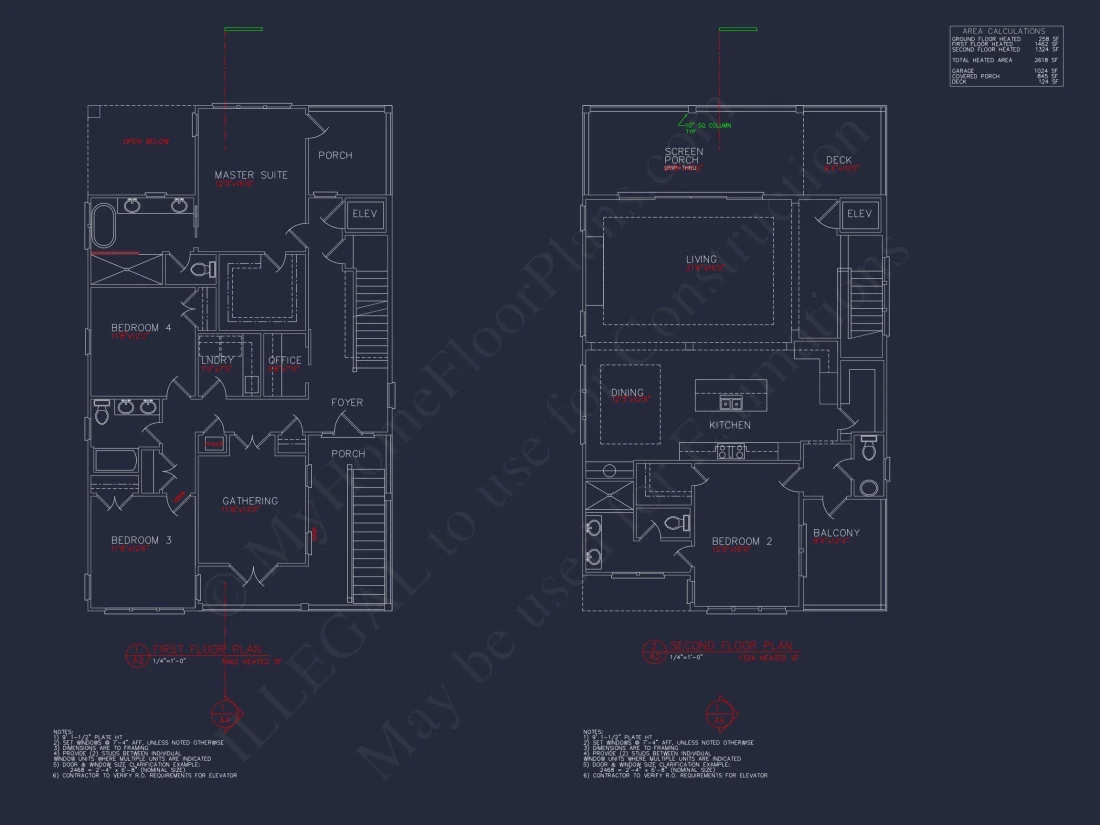 Coastal 3-Story Beach house Floor Plan: 4-Bed, CAD Blueprint