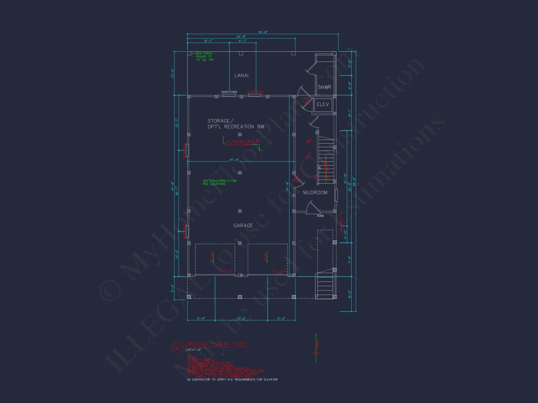 Coastal 3-Story Beach house Floor Plan: 4-Bed, CAD Blueprint