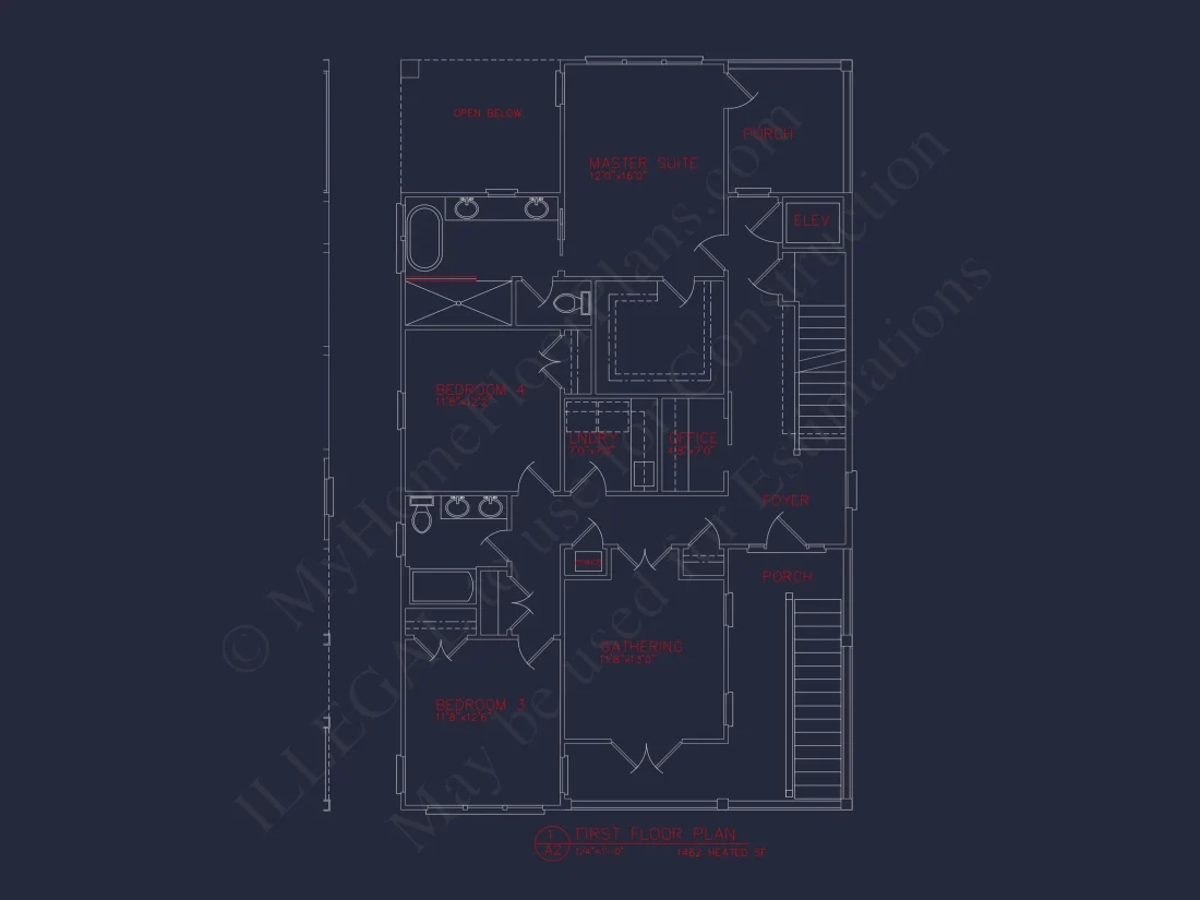 Coastal 3-Story Beach house Floor Plan: 4-Bed, CAD Blueprint
