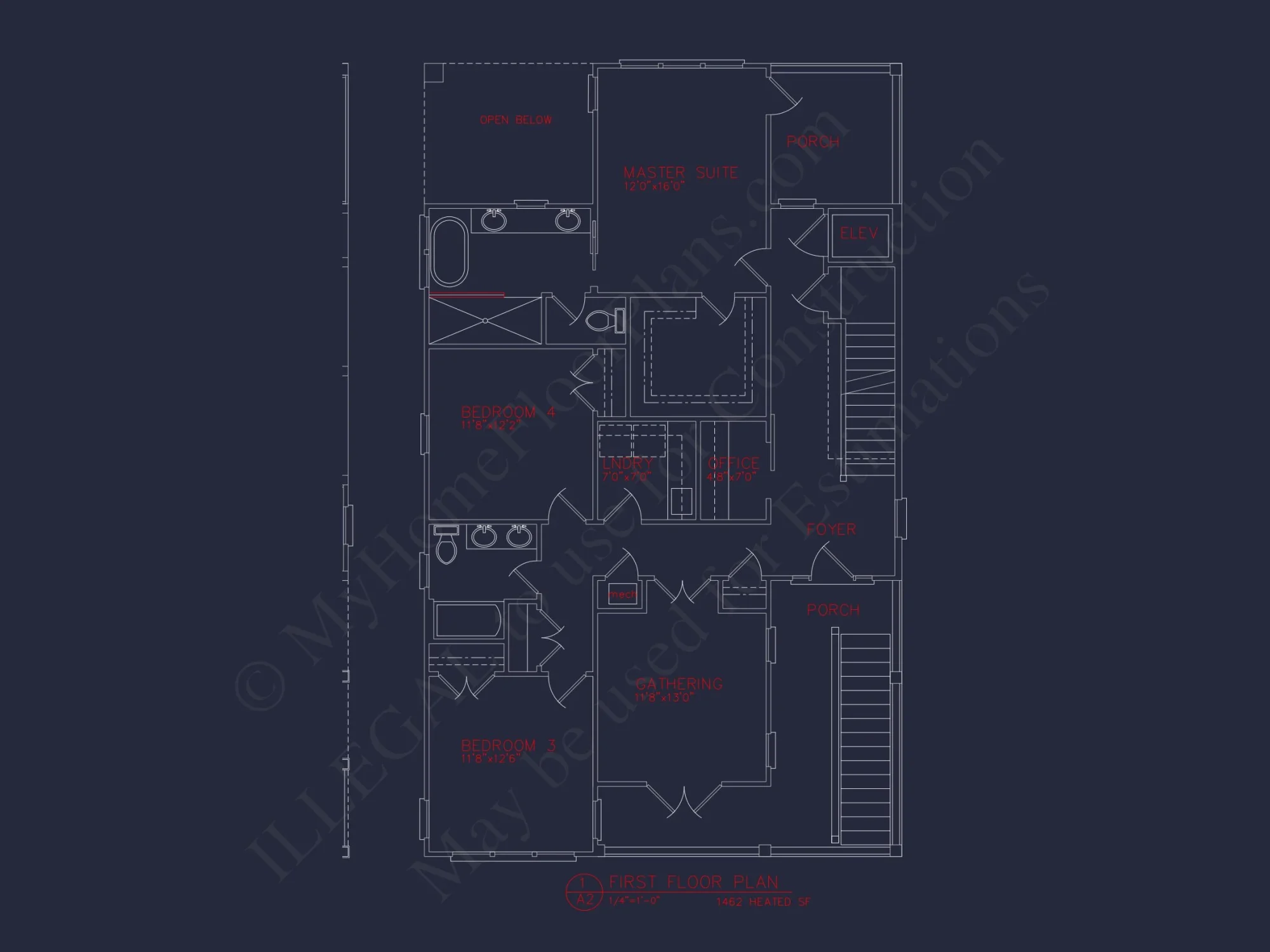 Coastal 3-Story Beach house Floor Plan: 4-Bed, CAD Blueprint