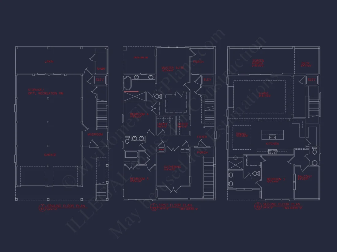 Coastal 3-Story Beach house Floor Plan: 4-Bed, CAD Blueprint