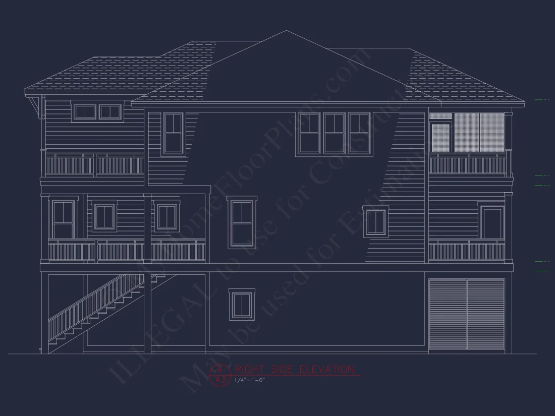 Coastal 3-Story Beach house Floor Plan: 4-Bed, CAD Blueprint