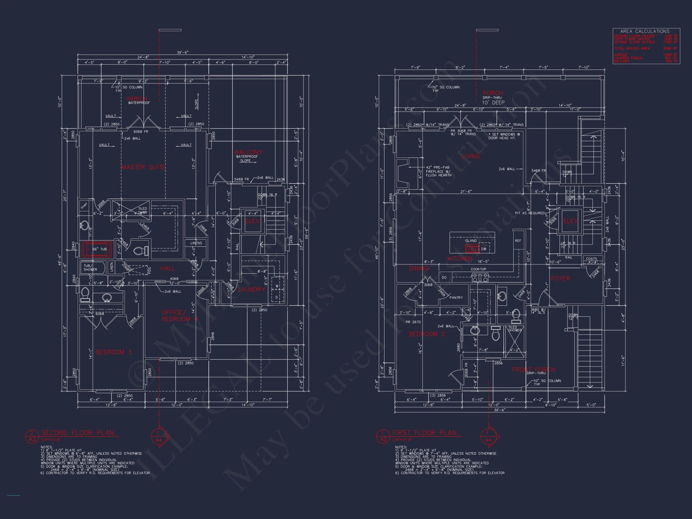Coastal 4-Bedroom house Floor Plan: 3086 Sq Ft, 2.5 Story