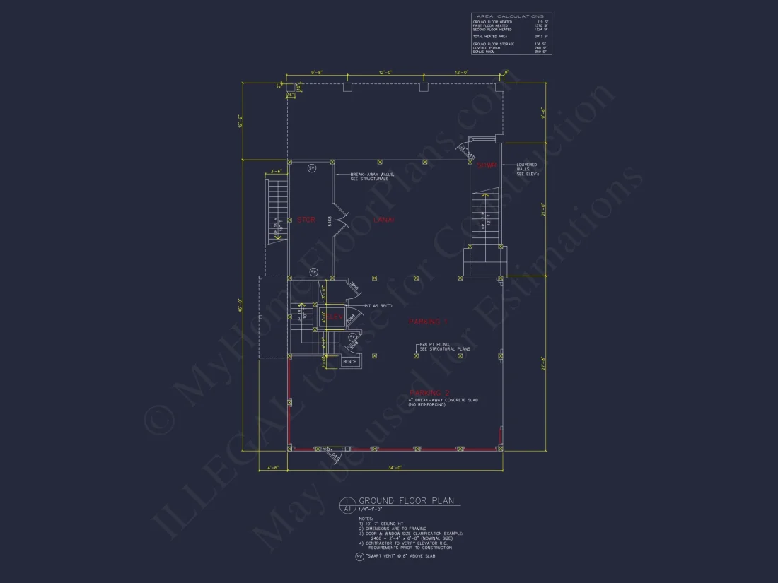 Coastal 3-Story 4 BR Beach house Floor Plan & Blueprint Designs