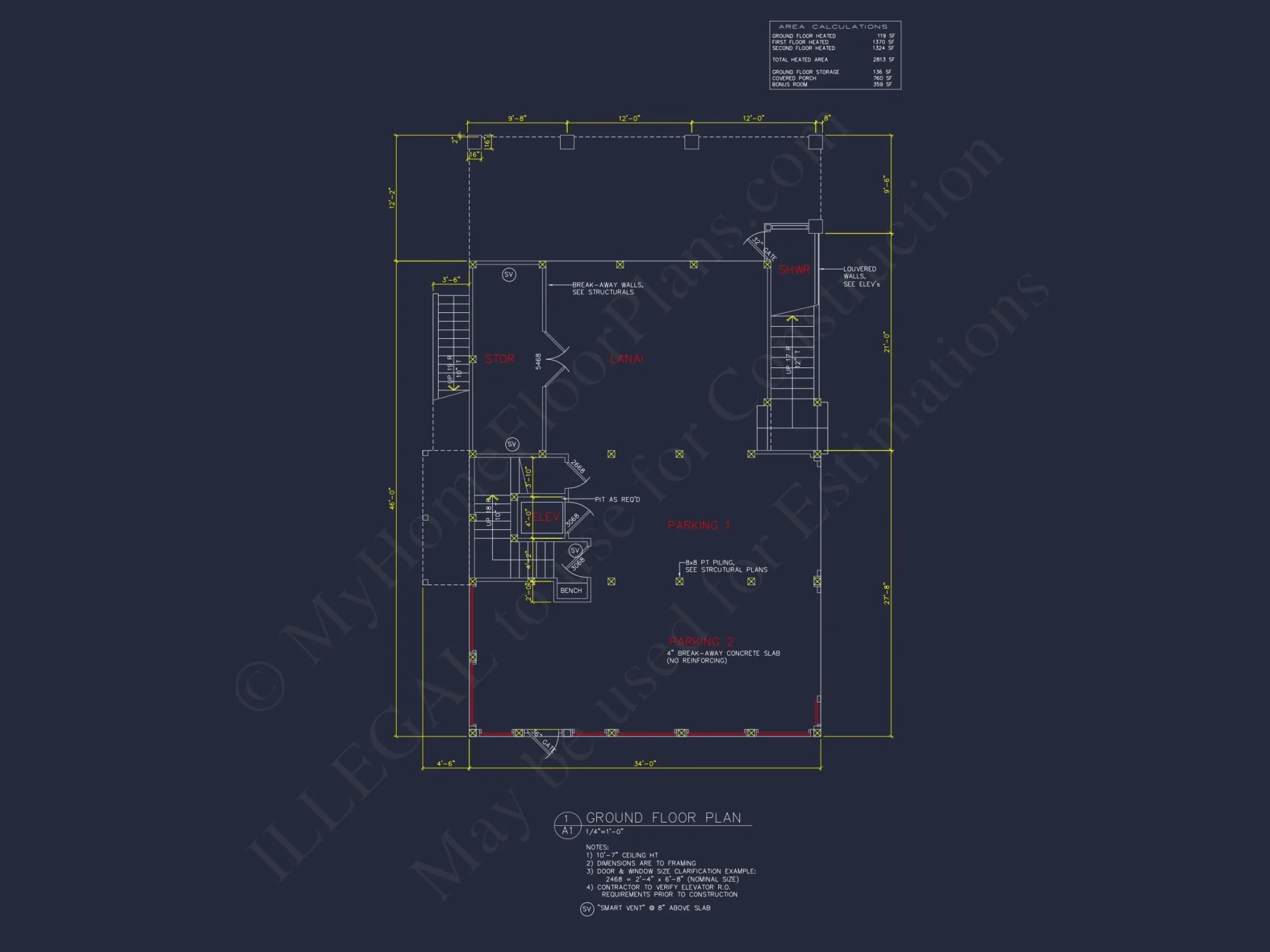 Coastal 3-Story 4 BR Beach house Floor Plan & Blueprint Designs