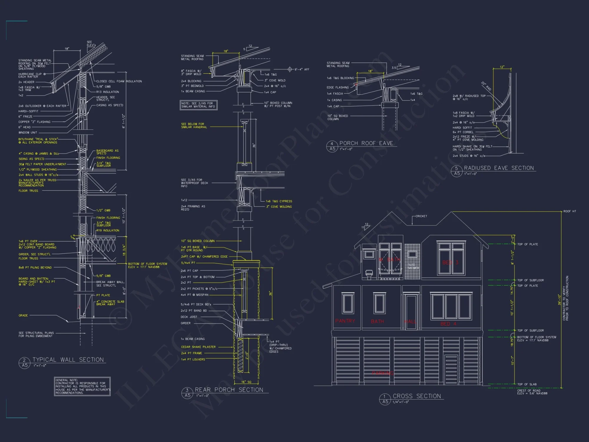 Coastal 3-Story 4 BR Beach house Floor Plan & Blueprint Designs