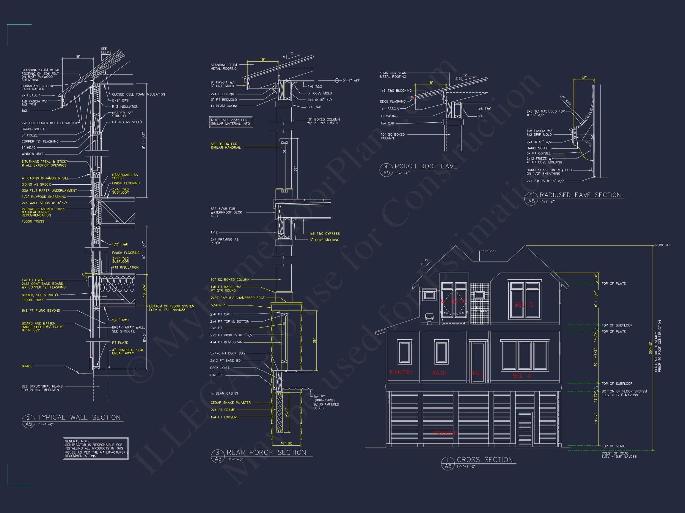 14-1885 HOUSE PLAN - Low Country House Plan - 4-Bed, 3-Bath, 2,813 SF 4 Coastal 3-Story 4 BR Beach house Floor Plan & Blueprint Designs