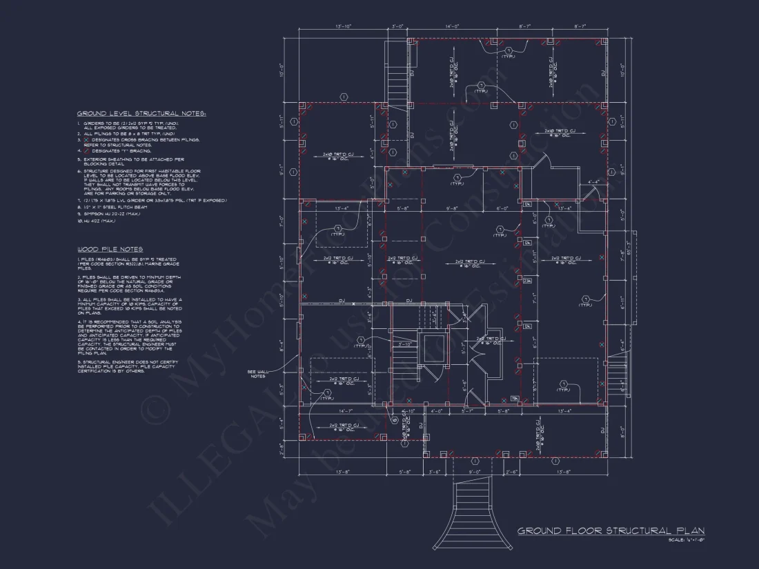 Coastal 4-Story house Floor Plan: 4-Bed, 3-Bath, CAD Blueprint