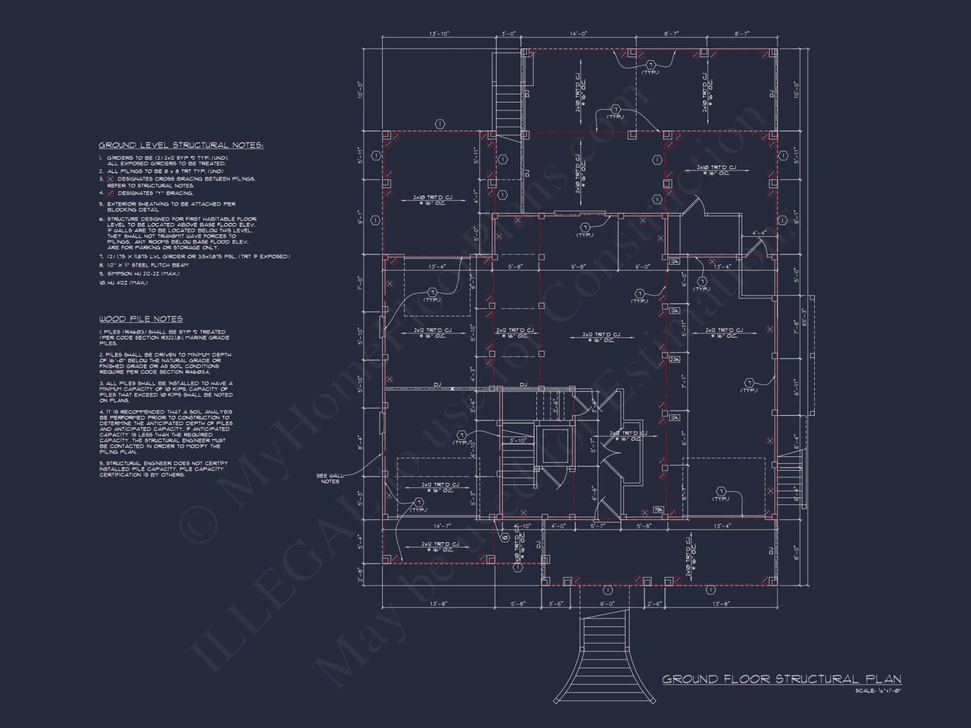 Coastal 4-Story house Floor Plan: 4-Bed, 3-Bath, CAD Blueprint