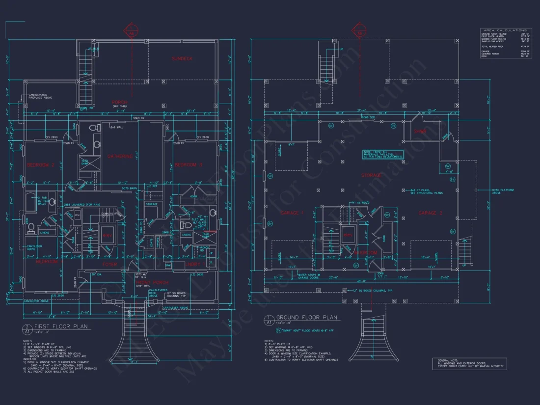 Coastal 4-Story house Floor Plan: 4-Bed, 3-Bath, CAD Blueprint