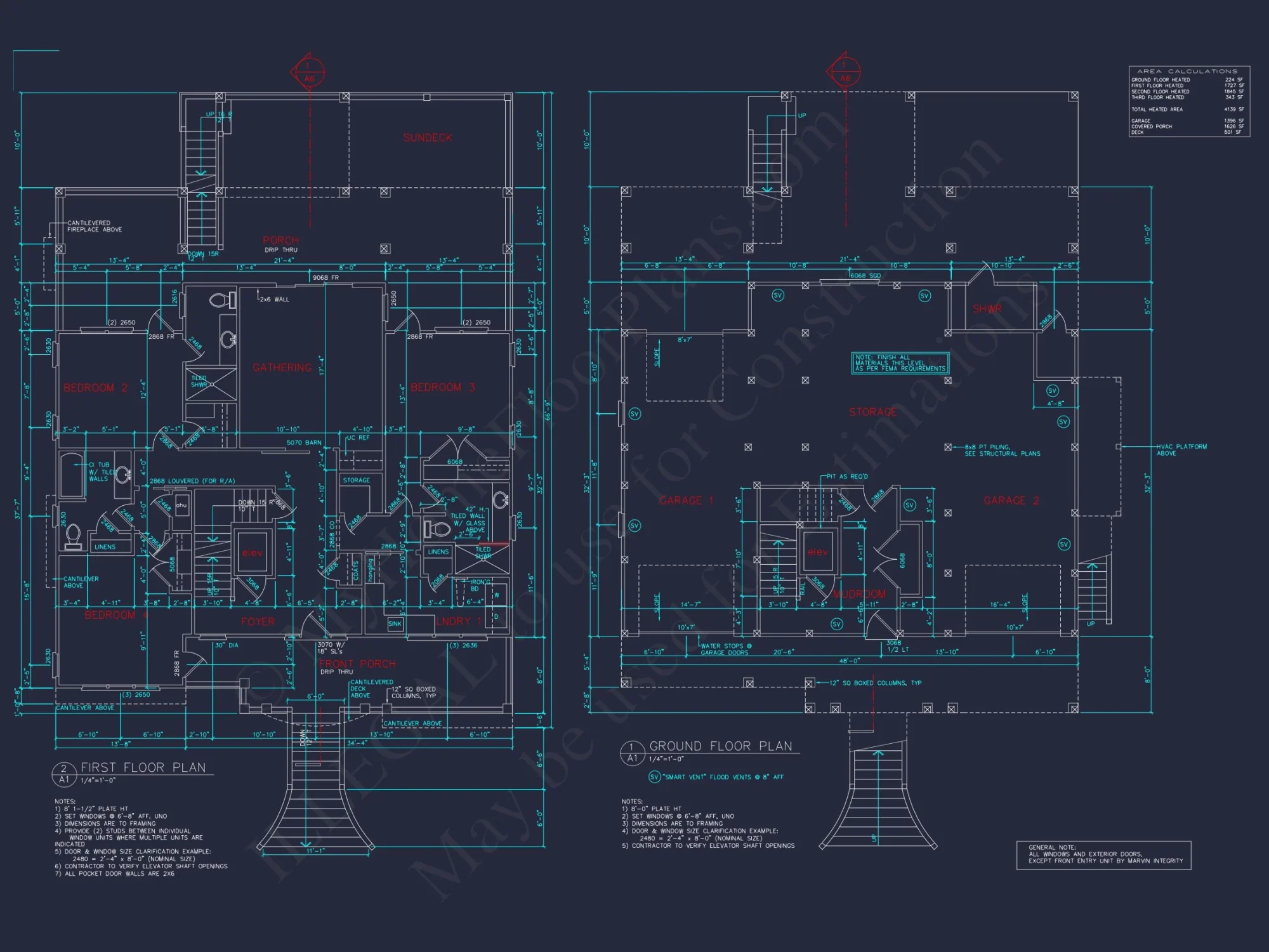 Coastal 4-Story house Floor Plan: 4-Bed, 3-Bath, CAD Blueprint