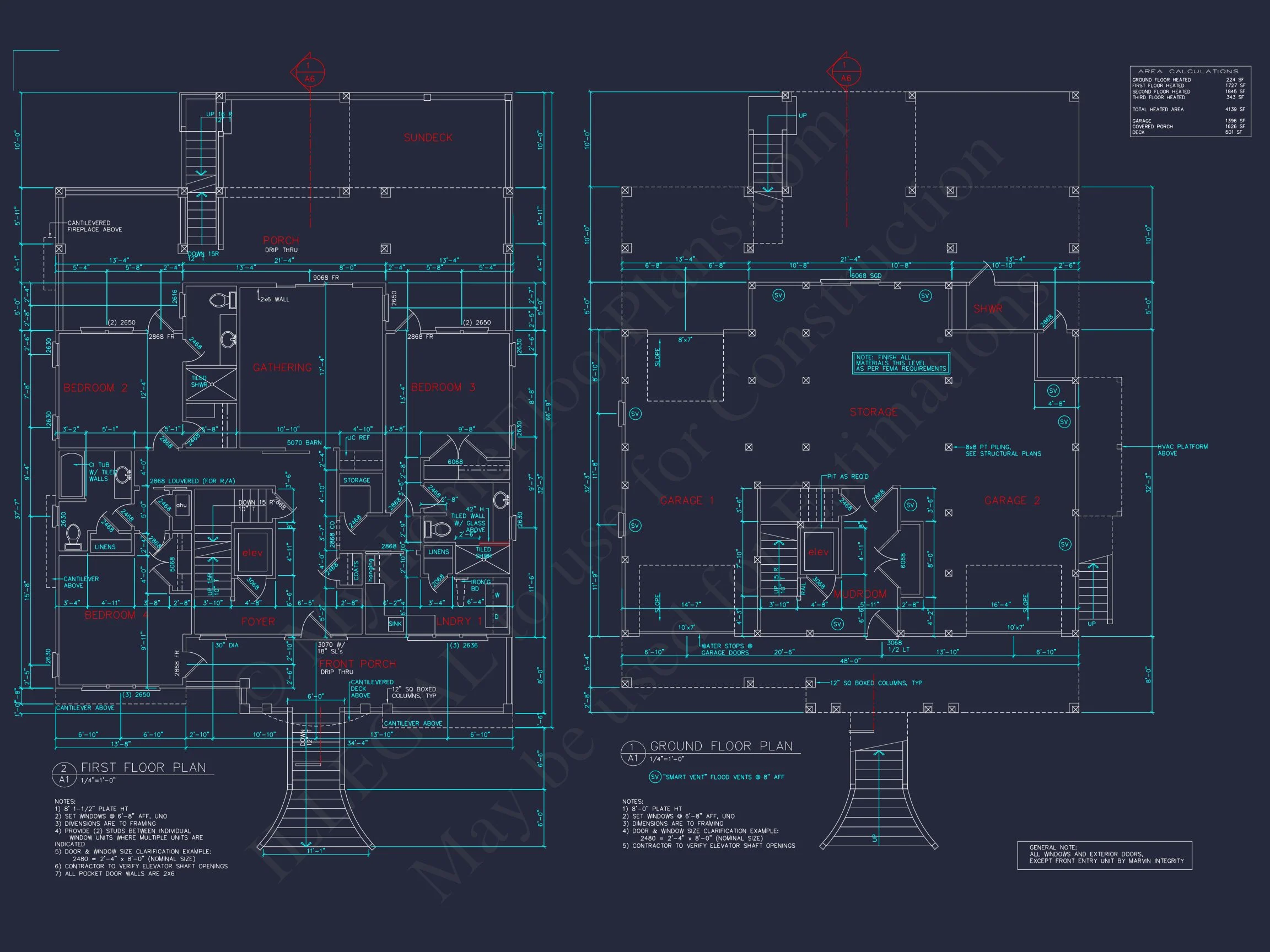 14-1632 HOUSE PLAN - Beach Home Plan - 4-Bed, 3-Bath, 4139 SF 8 Coastal 4-Story house Floor Plan: 4-Bed, 3-Bath, CAD Blueprint