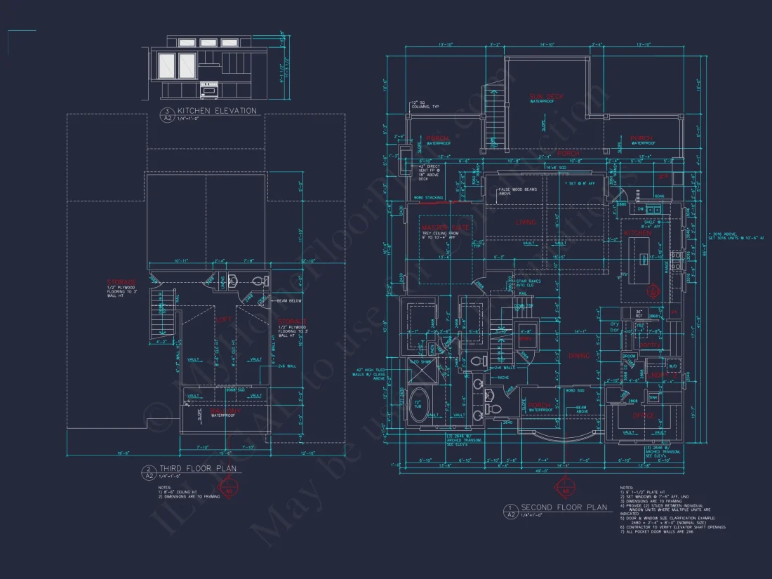 Coastal 4-Story house Floor Plan: 4-Bed, 3-Bath, CAD Blueprint