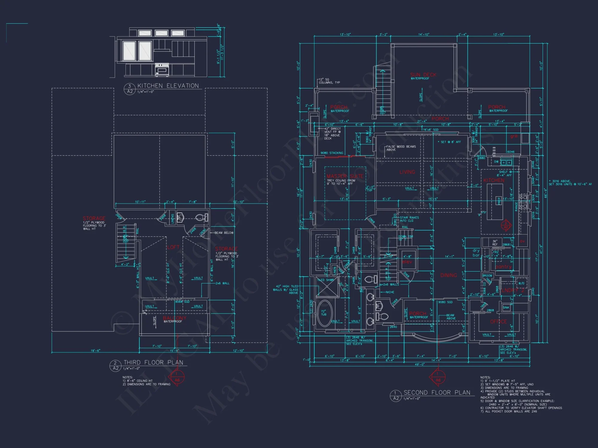 Coastal 4-Story house Floor Plan: 4-Bed, 3-Bath, CAD Blueprint