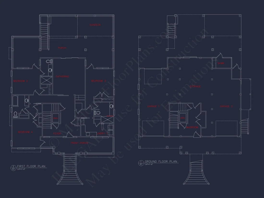 Coastal 4-Story house Floor Plan: 4-Bed, 3-Bath, CAD Blueprint