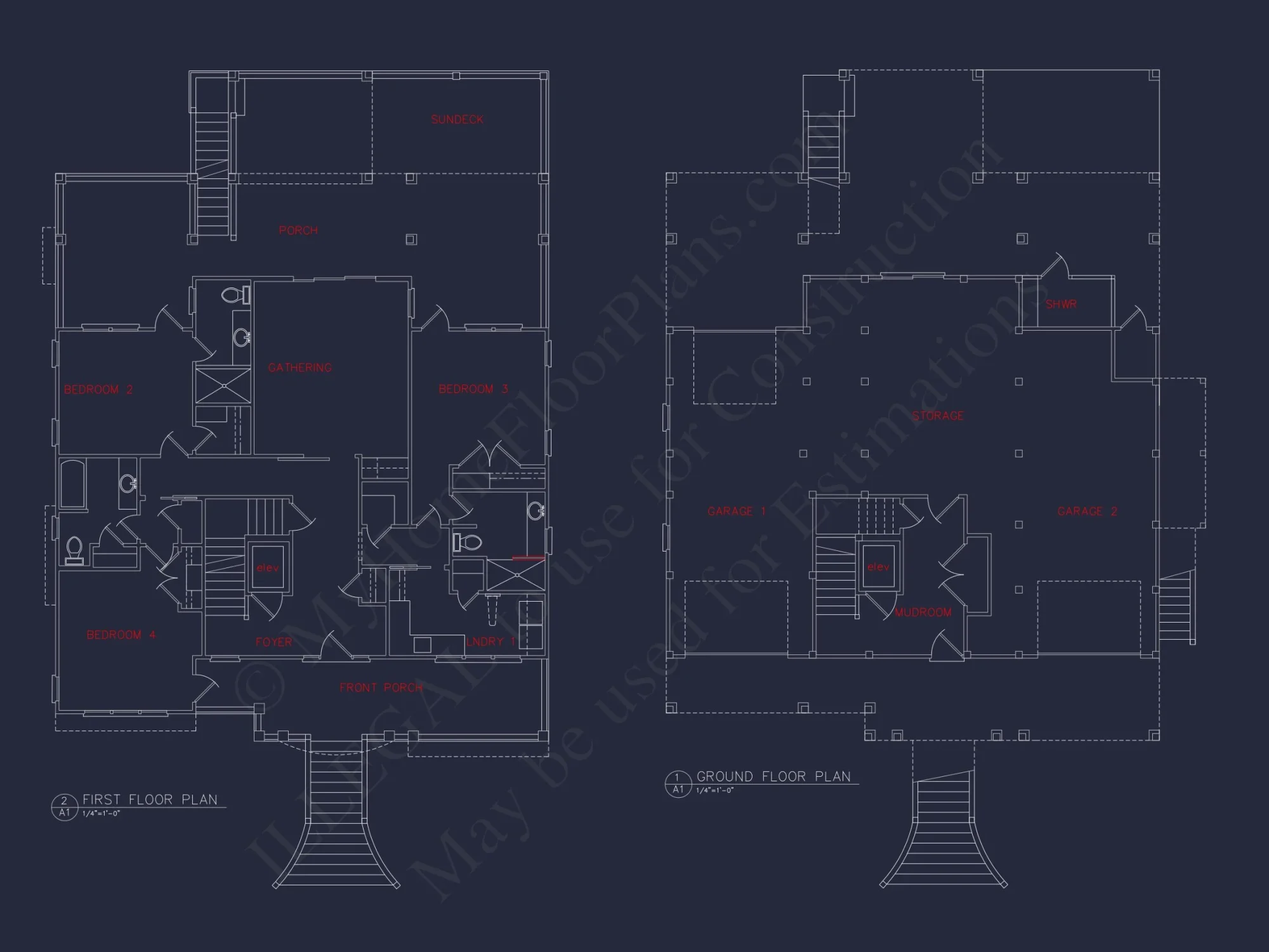 Coastal 4-Story house Floor Plan: 4-Bed, 3-Bath, CAD Blueprint