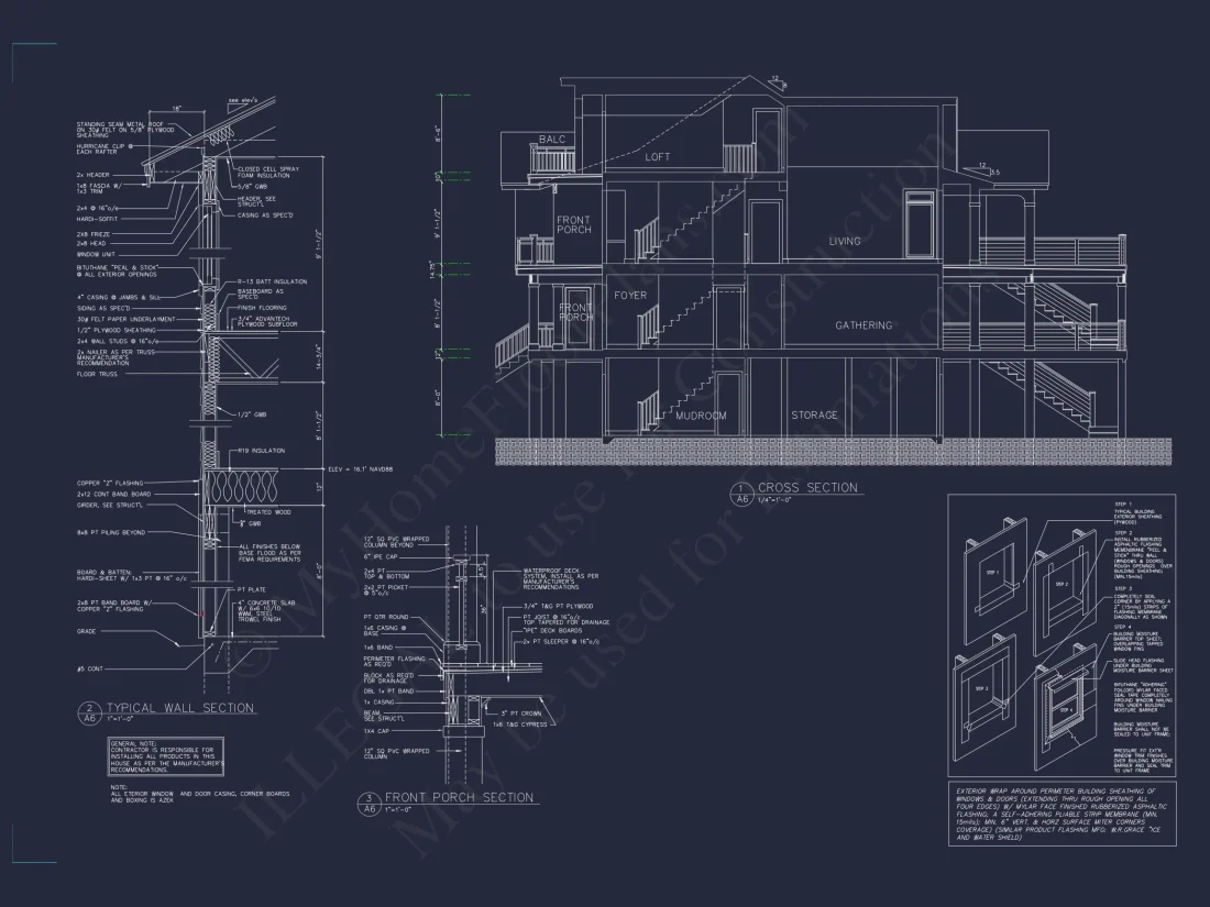 Coastal 4-Story house Floor Plan: 4-Bed, 3-Bath, CAD Blueprint