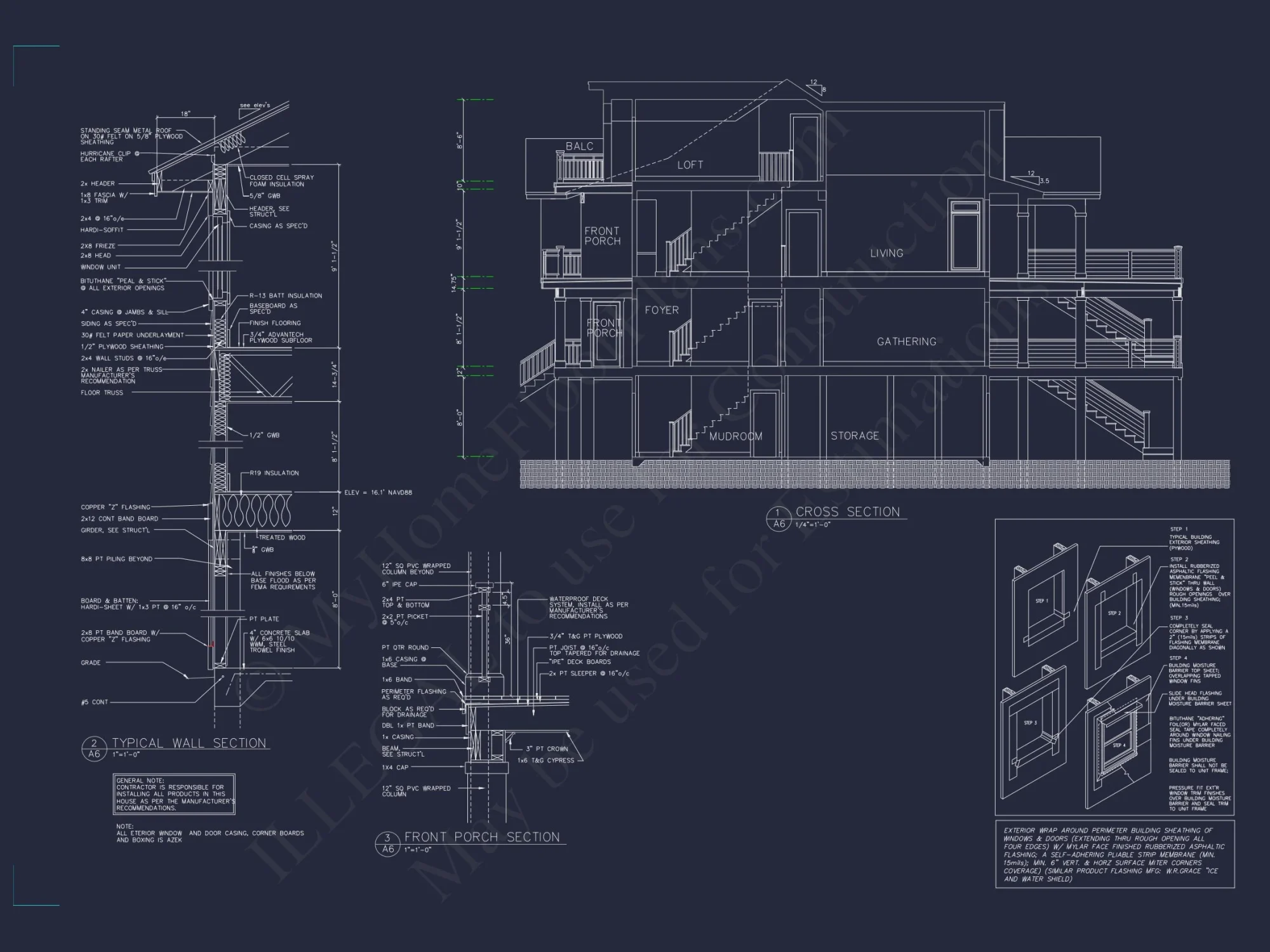 Coastal 4-Story house Floor Plan: 4-Bed, 3-Bath, CAD Blueprint