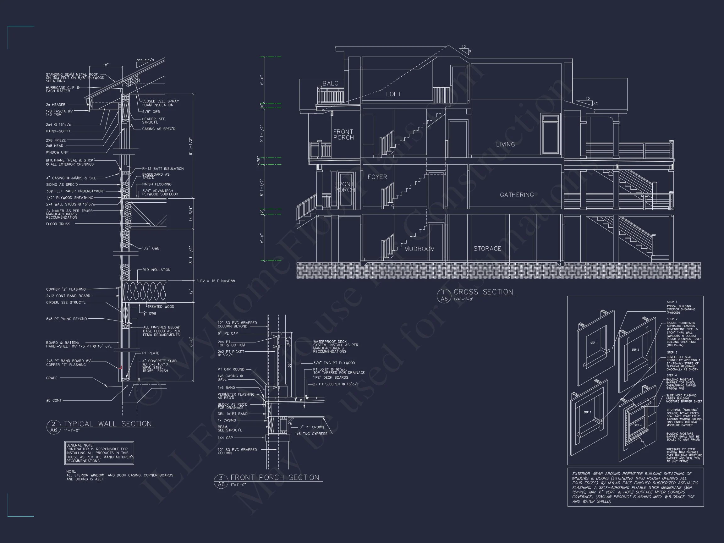 14-1632 HOUSE PLAN - Beach Home Plan - 4-Bed, 3-Bath, 4139 SF 4 Coastal 4-Story house Floor Plan: 4-Bed, 3-Bath, CAD Blueprint