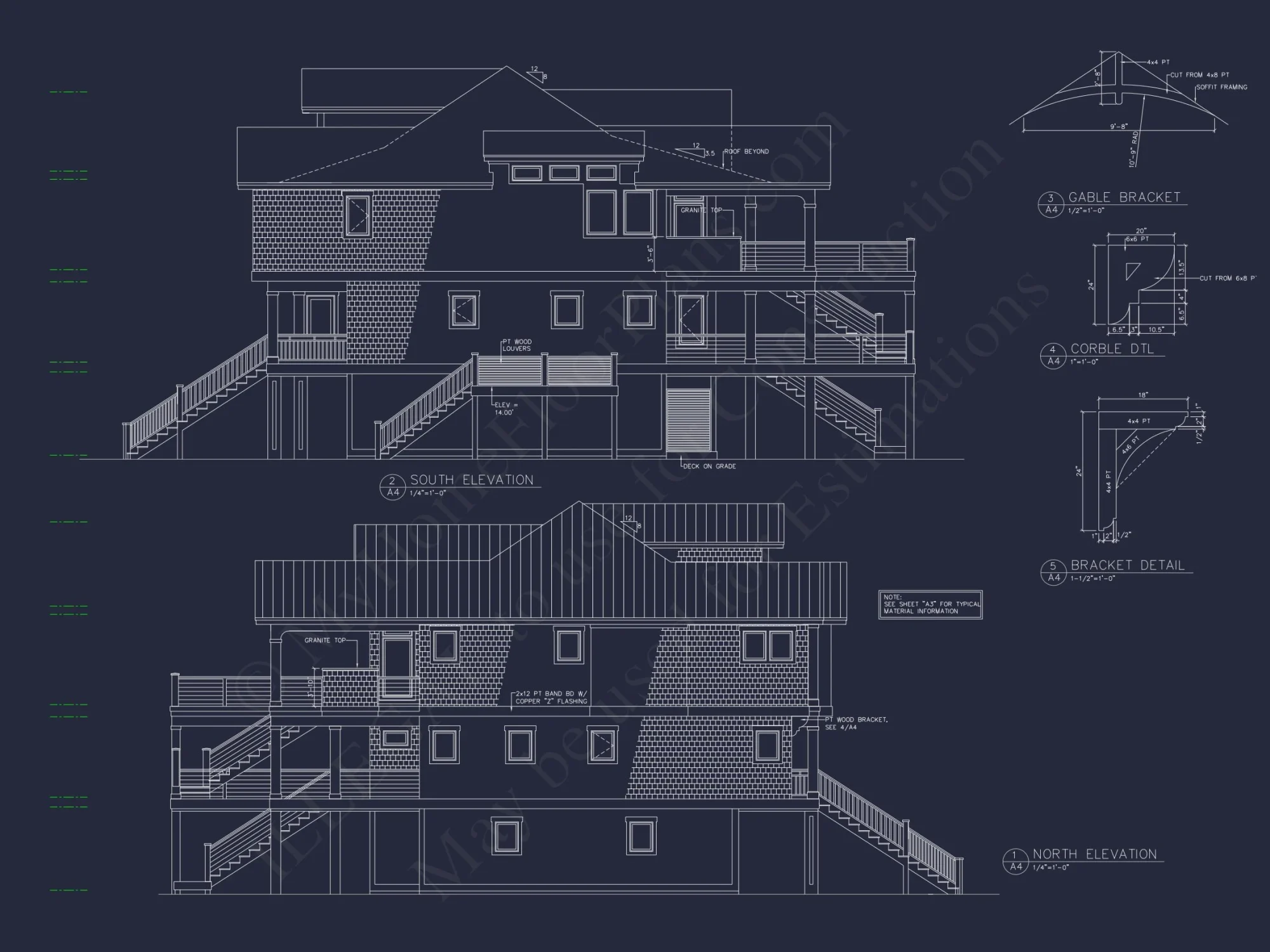 Coastal 4-Story house Floor Plan: 4-Bed, 3-Bath, CAD Blueprint