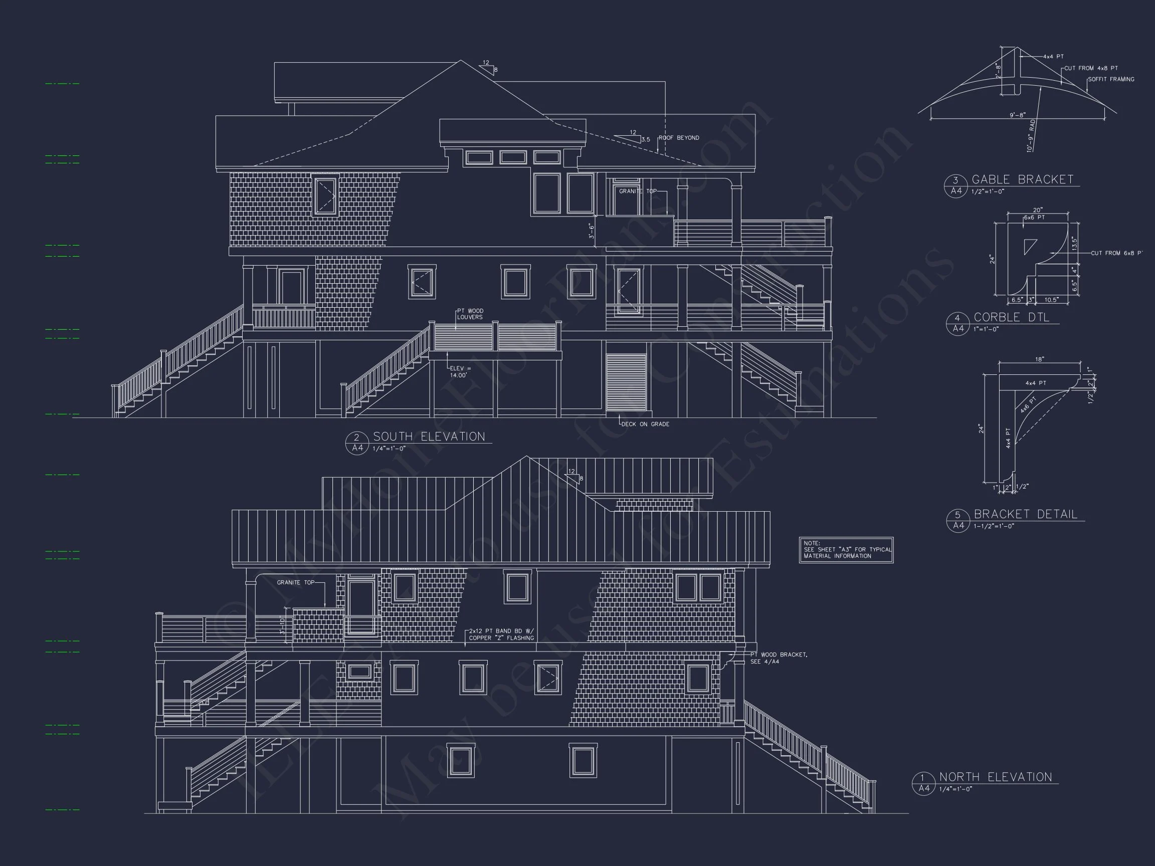 14-1632 HOUSE PLAN - Beach Home Plan - 4-Bed, 3-Bath, 4139 SF 3 Coastal 4-Story house Floor Plan: 4-Bed, 3-Bath, CAD Blueprint
