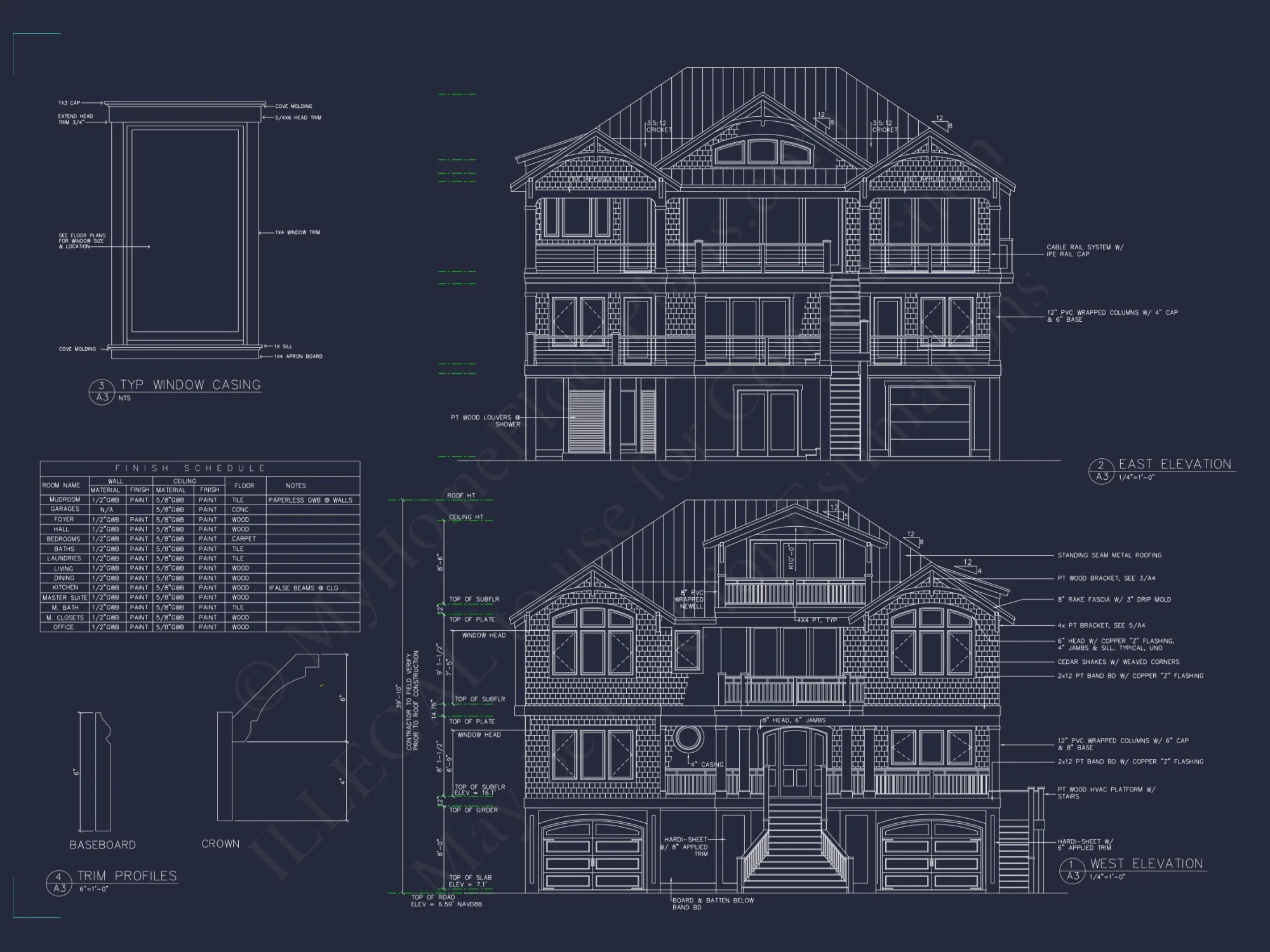 Coastal 4-Story house Floor Plan: 4-Bed, 3-Bath, CAD Blueprint