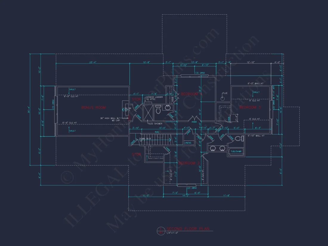Traditional house Floor Plan: 4 Bed, 3 Bath, 2-Story Blueprint