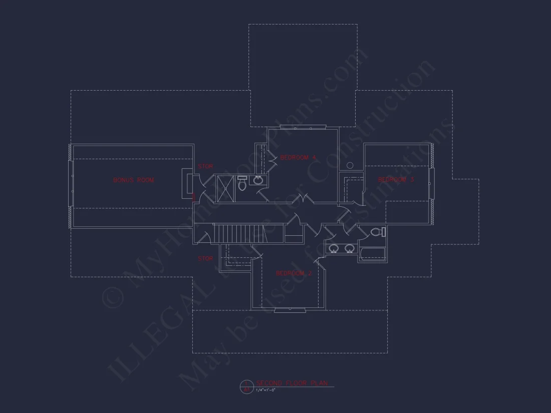 Traditional house Floor Plan: 4 Bed, 3 Bath, 2-Story Blueprint