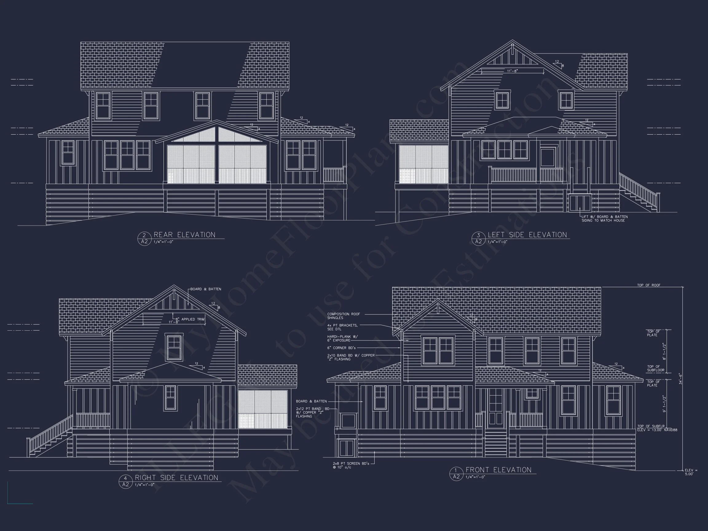 Coastal 2-Story house Plan: 4 BR, Island, CAD Blueprint