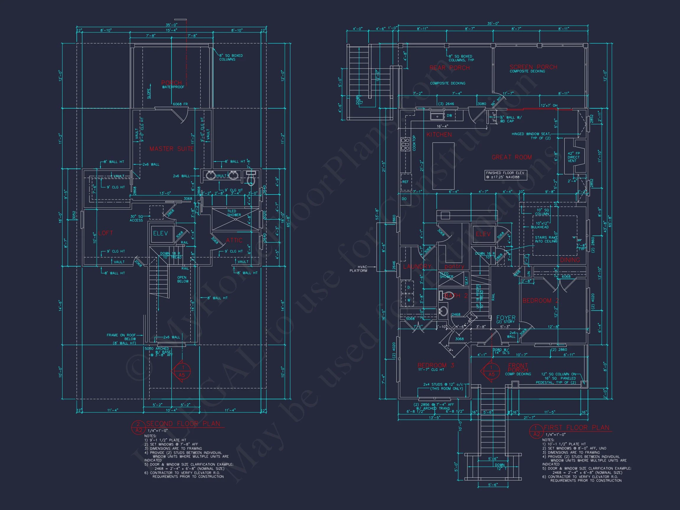 Coastal 3-Story house Plan: 3 Bed, 3 Bath, Elevator, CAD