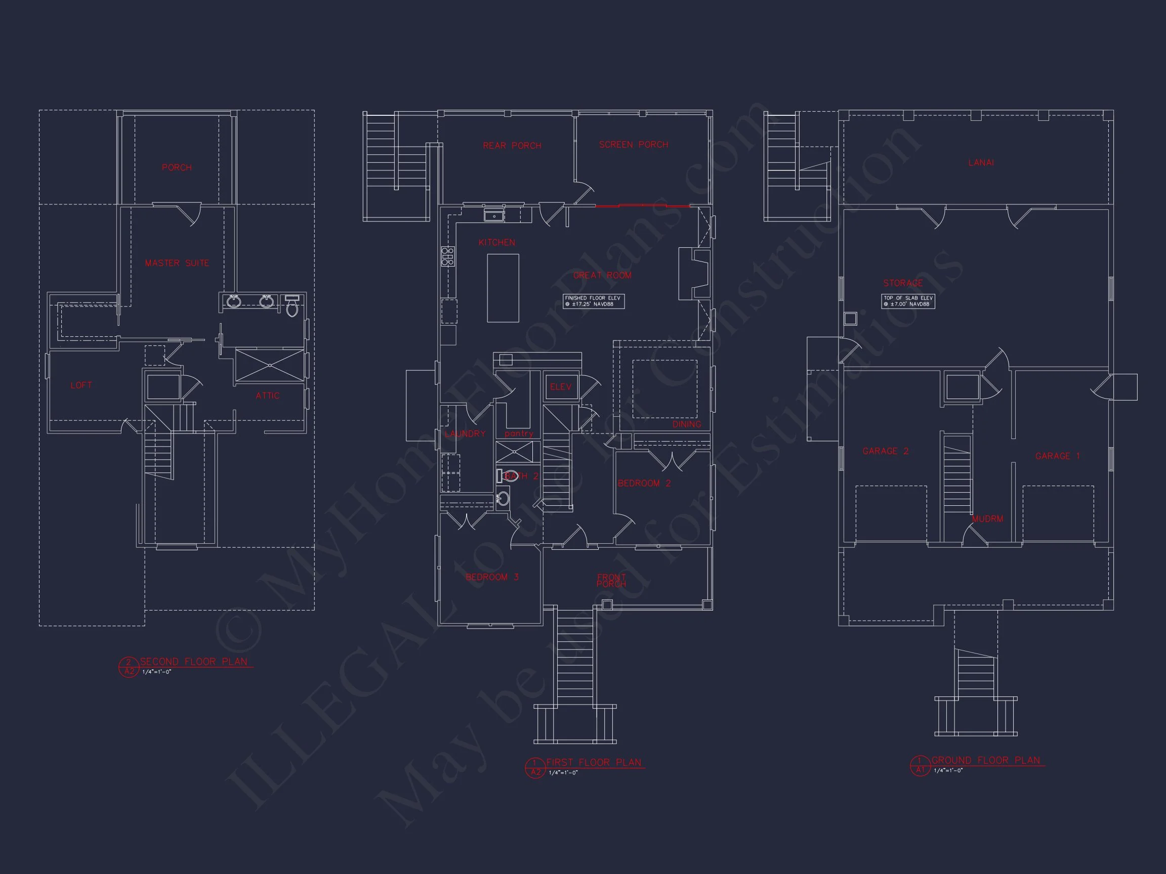 Coastal 3-Story house Plan: 3 Bed, 3 Bath, Elevator, CAD