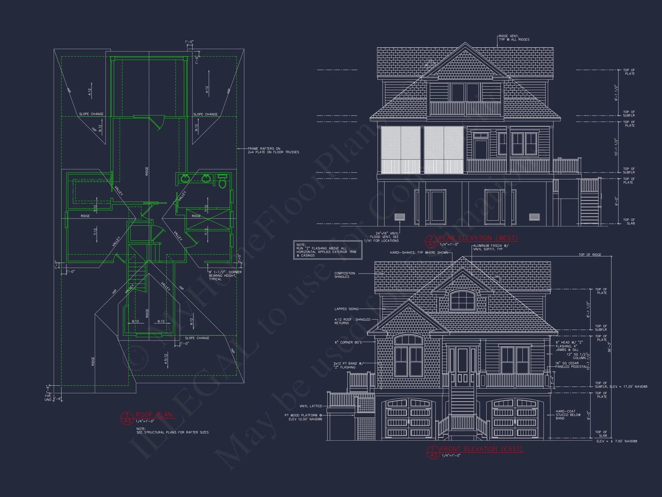 Coastal 3-Story house Plan: 3 Bed, 3 Bath, Elevator, CAD