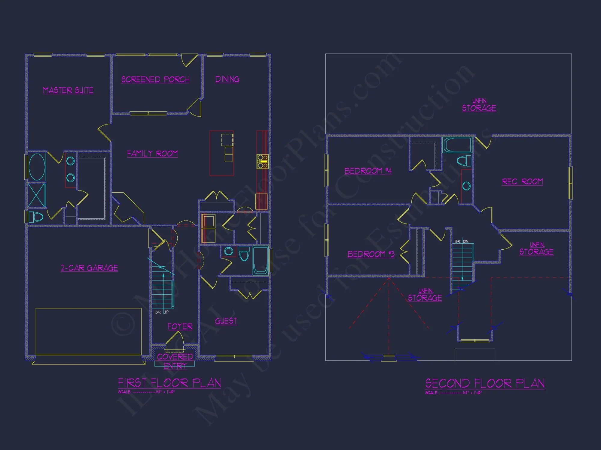 house Floor Plan with 4 Bedrooms, 2 Stories, and CAD Designs