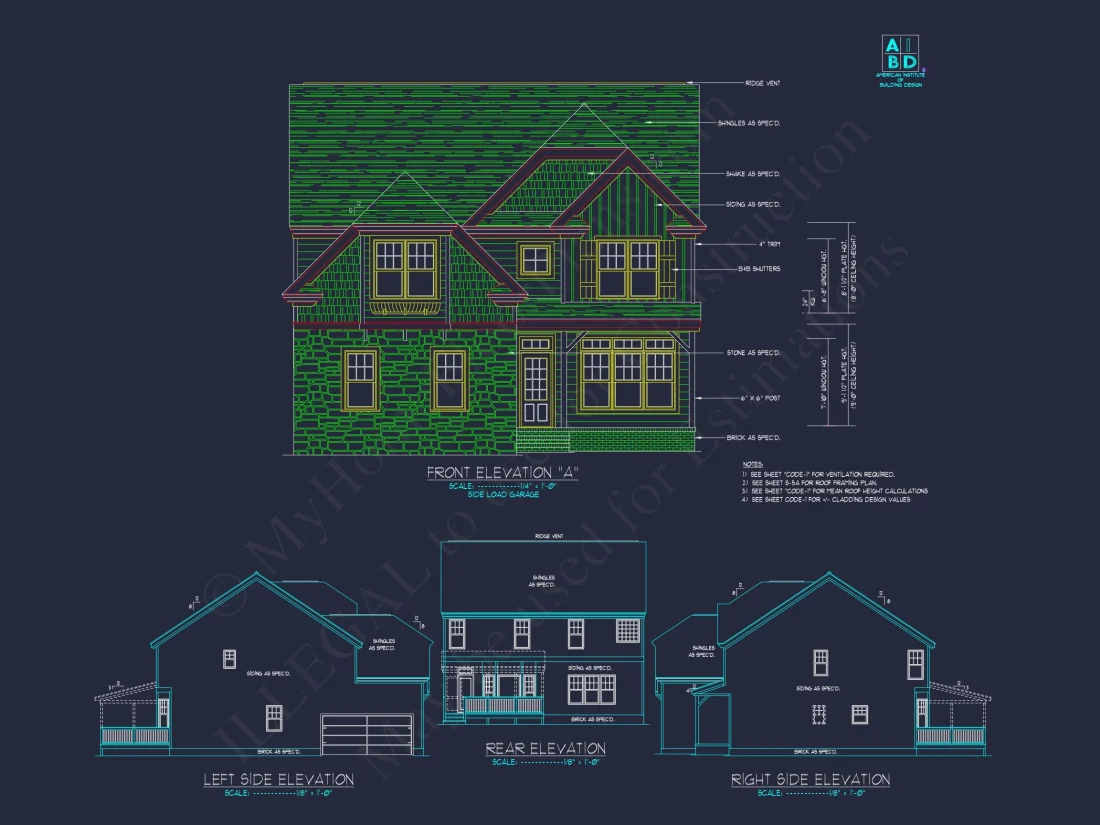 Modern Craftsman house Plan with 2-Story CAD Designed Blueprint