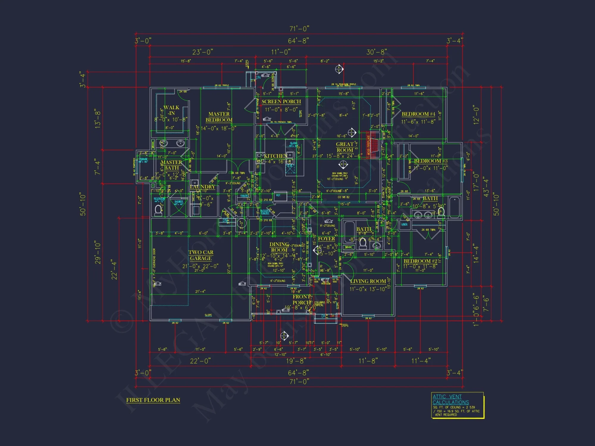 Traditional Ranch house Plan - 2539 Sq Ft - 4 Bed, 3 Bath - Blueprint & CAD Designs