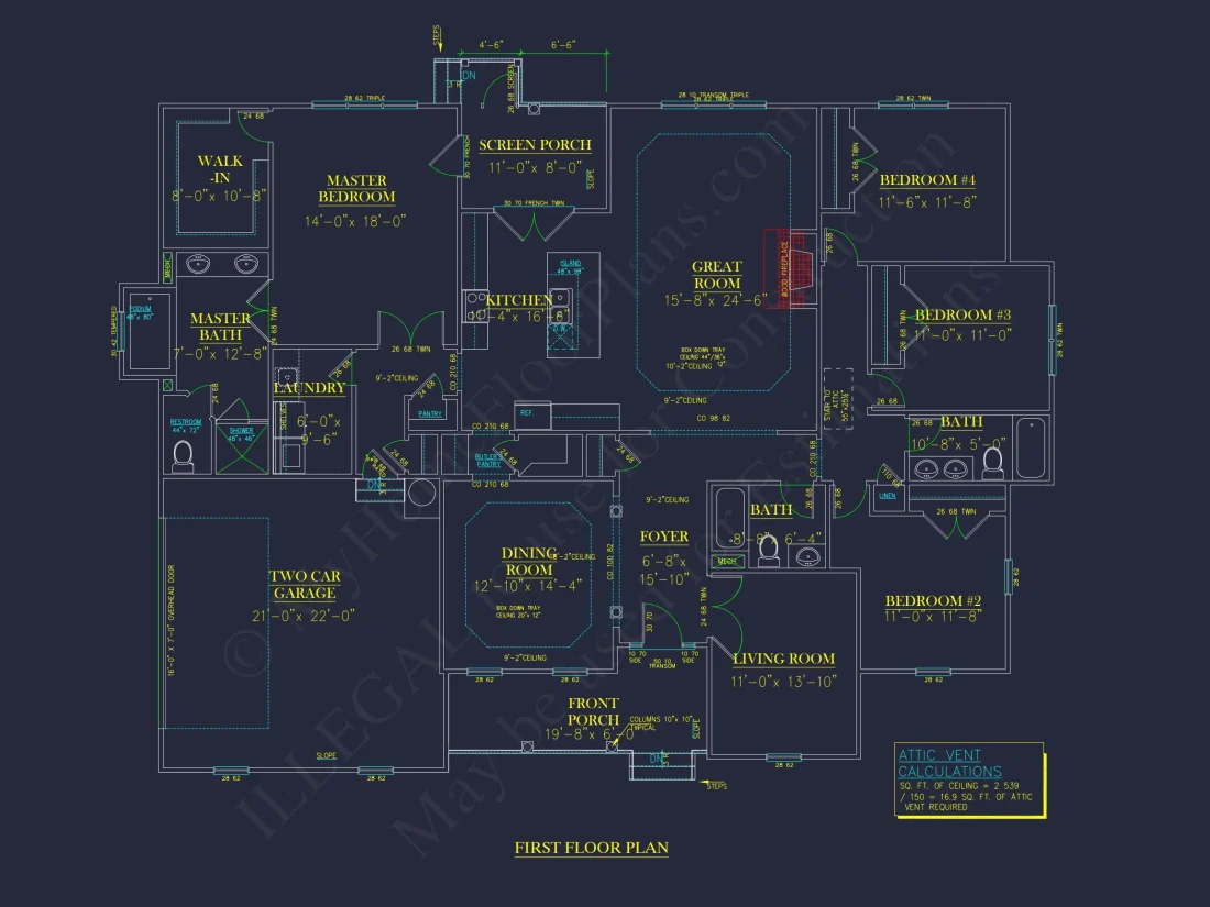 Traditional Ranch house Plan - 2539 Sq Ft - 4 Bed, 3 Bath - Blueprint & CAD Designs
