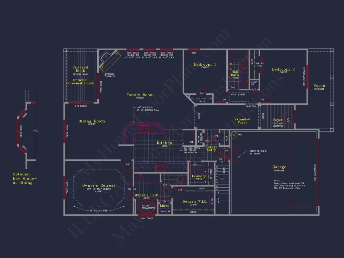 Craftsman-Style house Floor Plan: 2-Story CAD Designs with 3 Beds