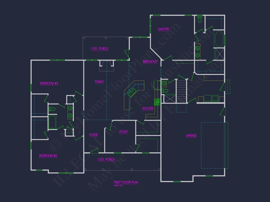 Modern Ranch house Floor Plan with CAD Blueprint Designs