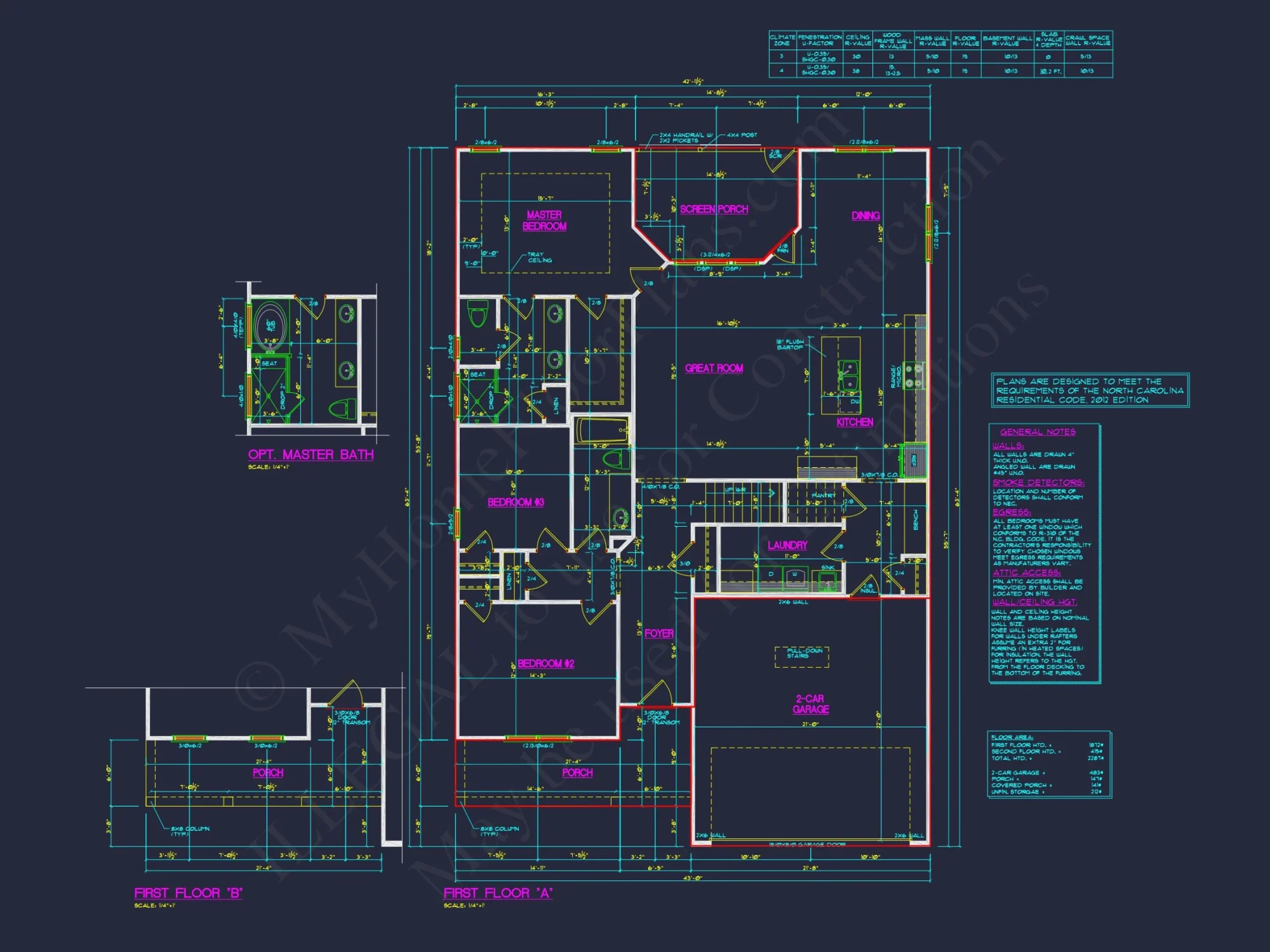 Traditional house Plan with 3 Bedrooms, 2-Car Garage & CAD Designs