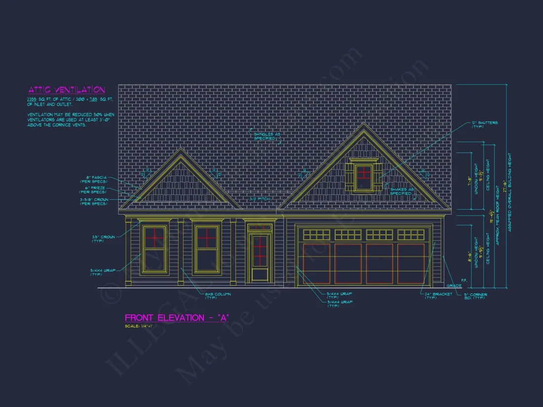 Traditional house Plan with 3 Bedrooms, 2-Car Garage & CAD Designs