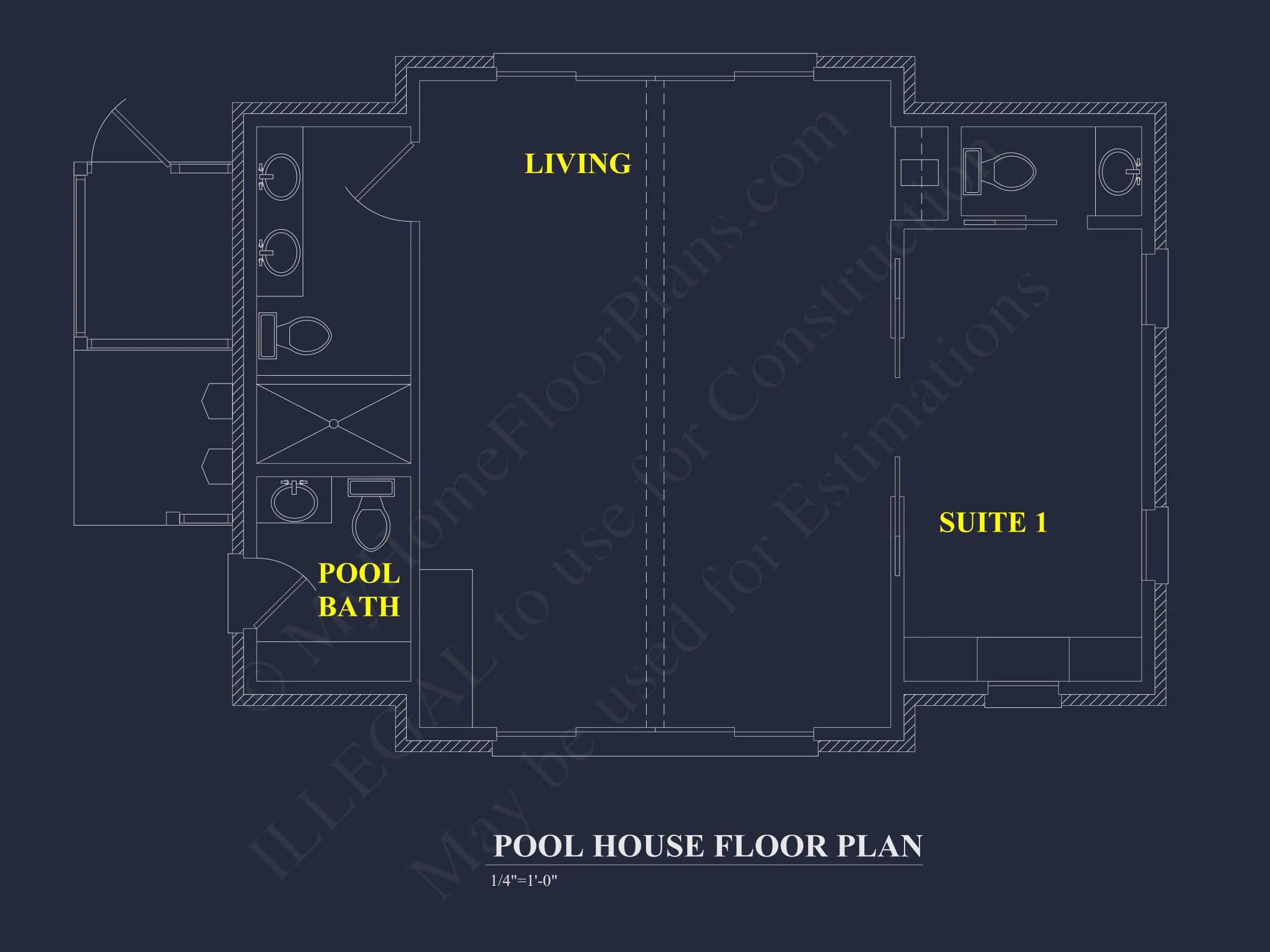 17-2059 POOL HOUSE PLAN - Colonial Revival Home Plan - 1-Bed, 1-Bath, 768 SF 5 Garage with Living Space – house Plan Blueprint for Designers
