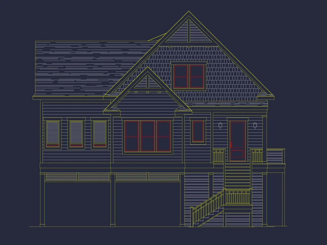 Coastal Beach House Floor Plan with 2.5 Stories and CAD Design
