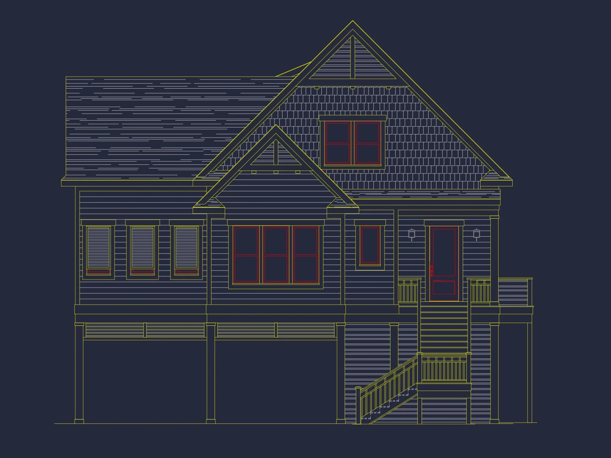 Coastal Beach House Floor Plan with 2.5 Stories and CAD Design