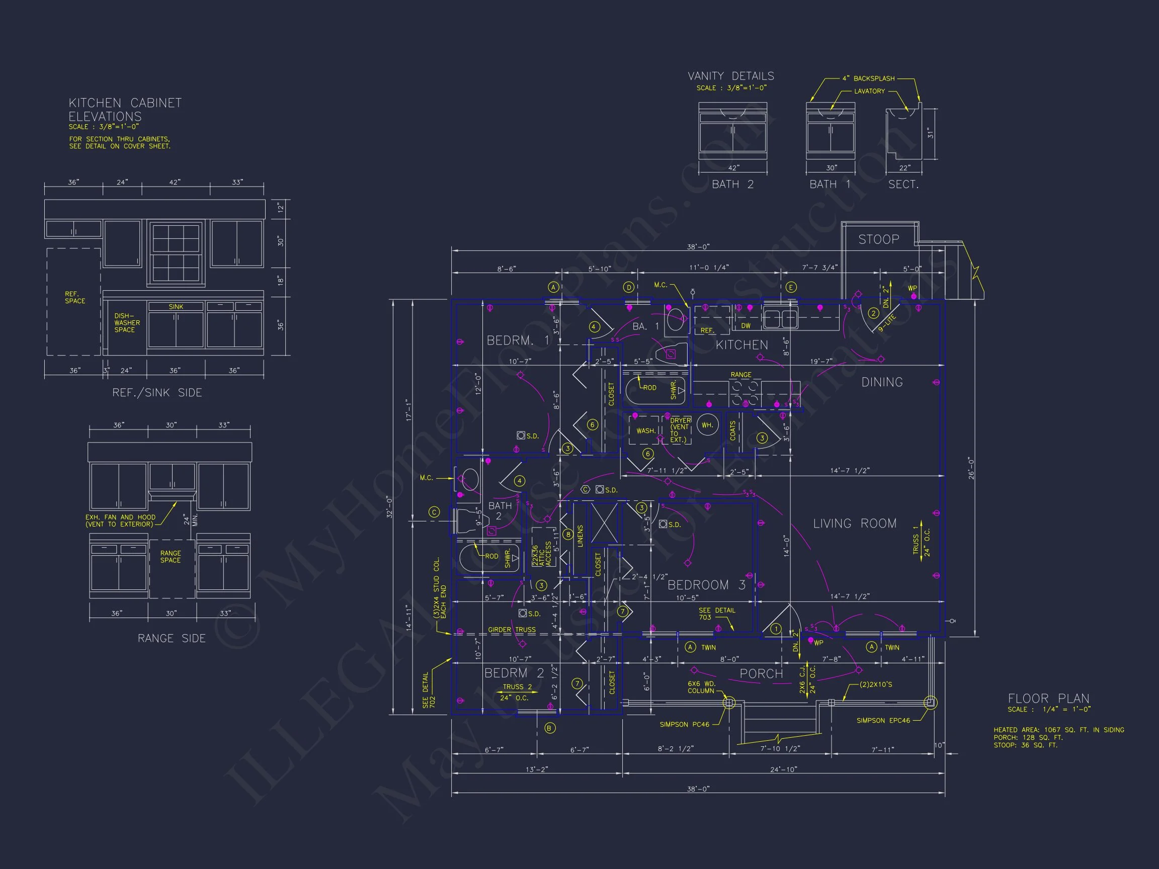 12-2989 HOUSE PLAN - Traditional Ranch Home Plan - 3-Bed, 2-Bath, 1,320 SF 5 Charming house Plan with Detailed Floor Plan & CAD Designs