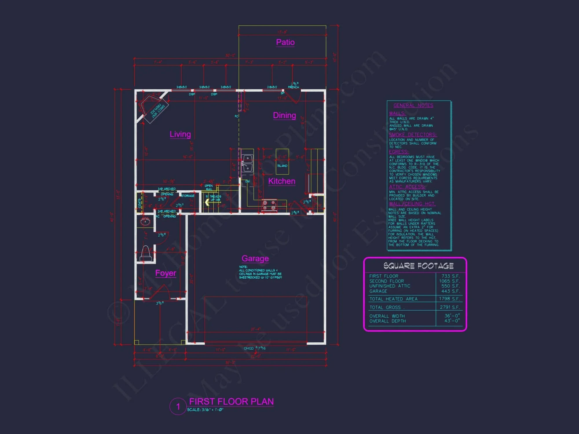house Plan Blueprint with 2 Floors, 3 Beds, and Garage