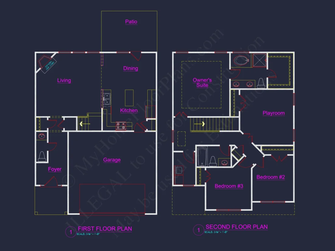 house Plan Blueprint with 2 Floors, 3 Beds, and Garage