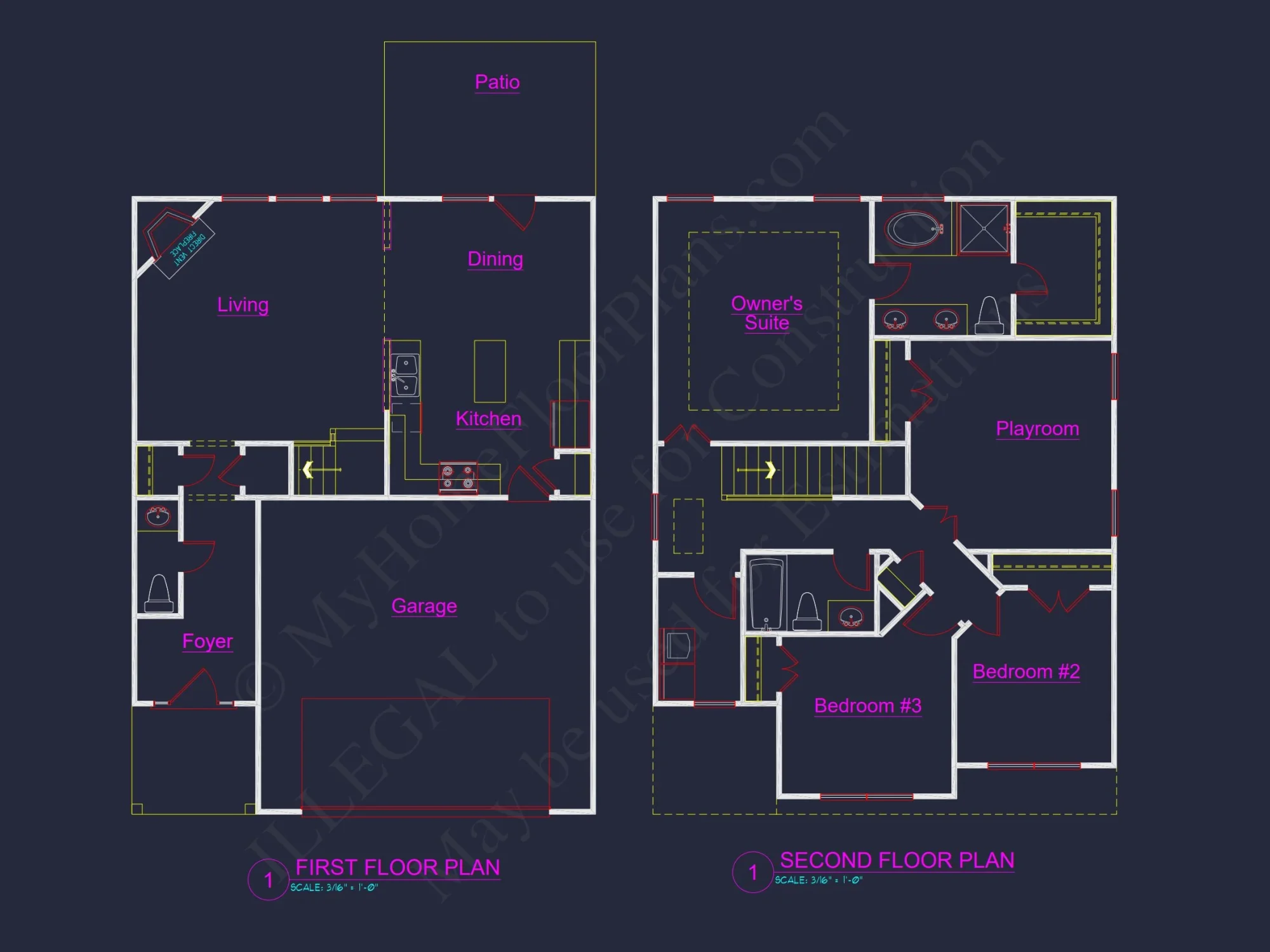 house Plan Blueprint with 2 Floors, 3 Beds, and Garage